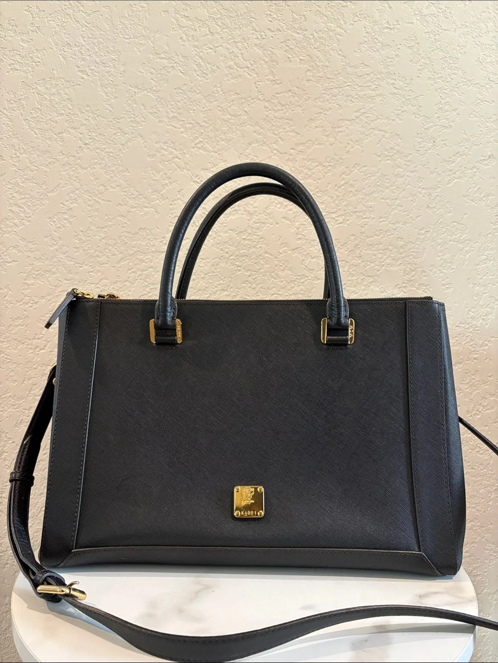 MCM Black Structured Satchel Bag with Gold Hardware